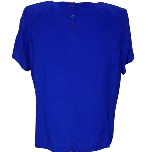 Vintage 80s Pia Rucci Royal Blue Silk Short Sleeve Crewneck Boxy Blouse M - Picture 8 of 11